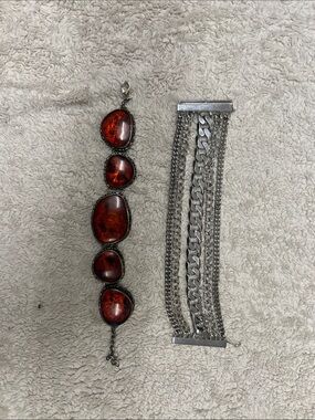 Red Amber Stone Bracelet | Chunky Silver-Tone Chain Bracelet Set
